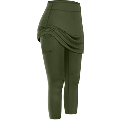 Women Tennis Skirted Leggings Pockets Elastic Sports Yoga Capris Skirts Legging - ROUTINE FASHION